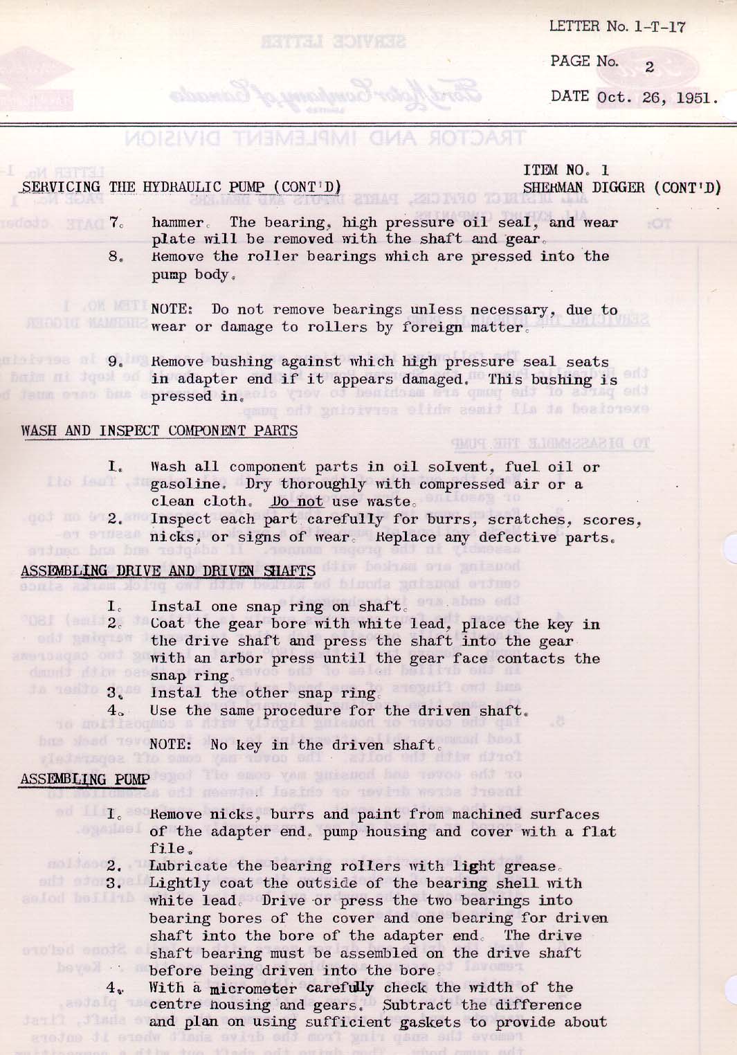 1951 Sherman 54B Digger Tech. Service Bulletin